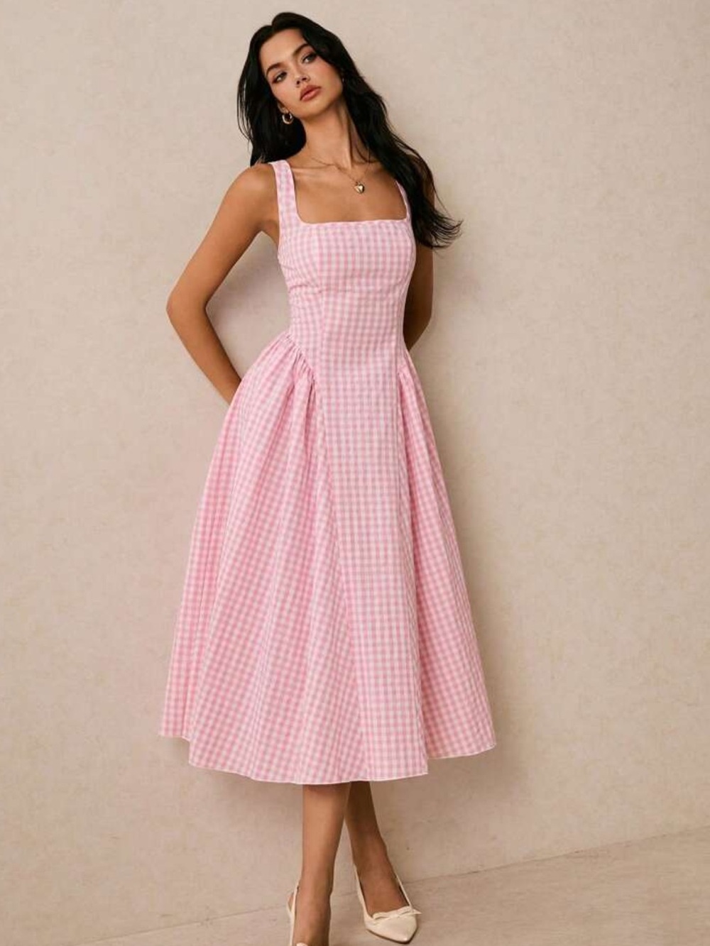 Sleeveless Pink Gingham Fit-and-Flare Dress